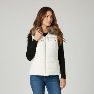 White Quilted Faux-Fur Collar Vest/ Size Small/ Stylish/ Snow Essential
